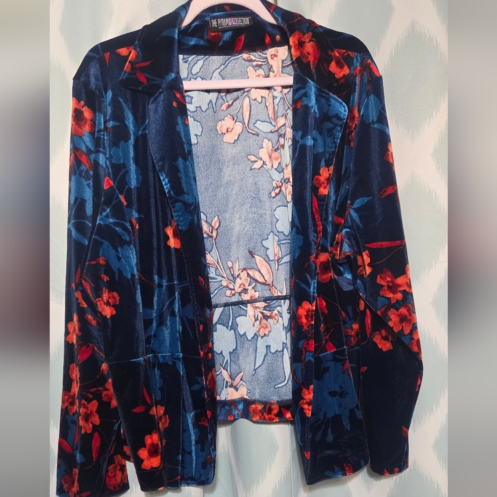 The Pyramid Collection Velvet Floral Blazer - Rich Teal Blue with Rust Accents
